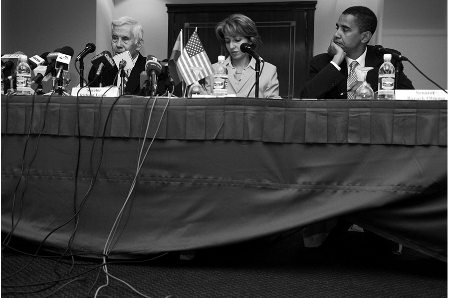Sen. Richard Lugar gets all the attention--and the microphones--during a press conference. : The Rise of Barack Obama : Pete Souza Photography