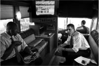 On his campaign bus in Pennsylvania.
